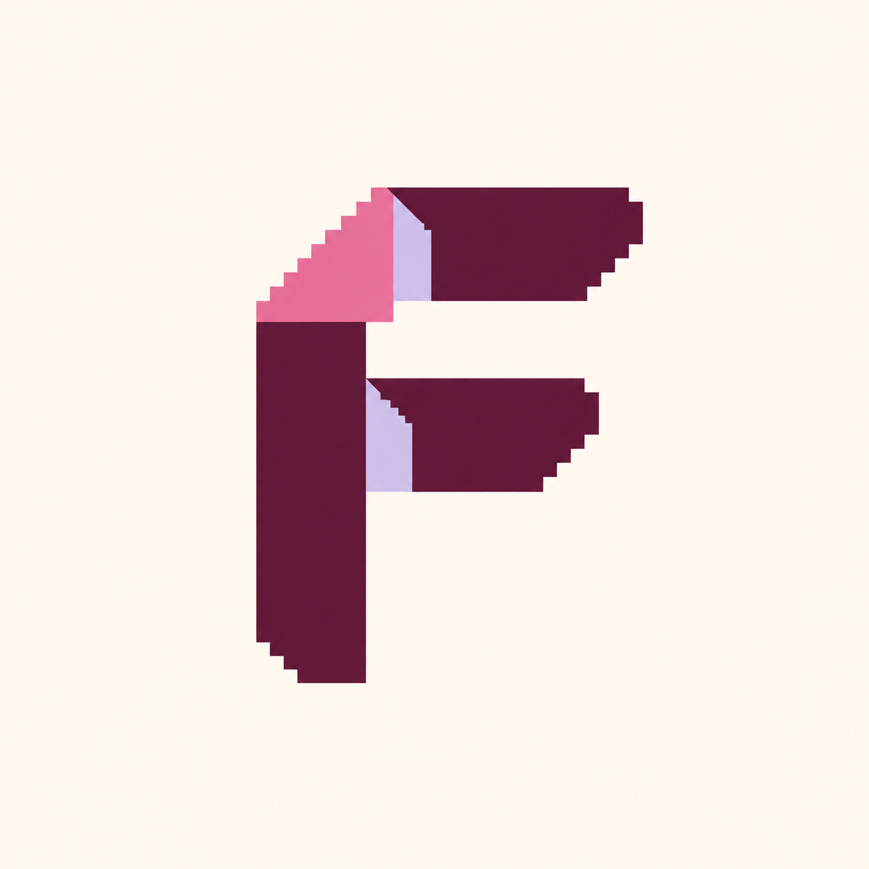 FoldPaid's pixel F made of wine, rose and lilac folded paper, centered on cream.